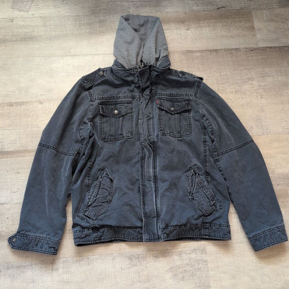Levi Strauss Men’s M Washed Cotton Military Jacket Navy Blue With Removable Hood